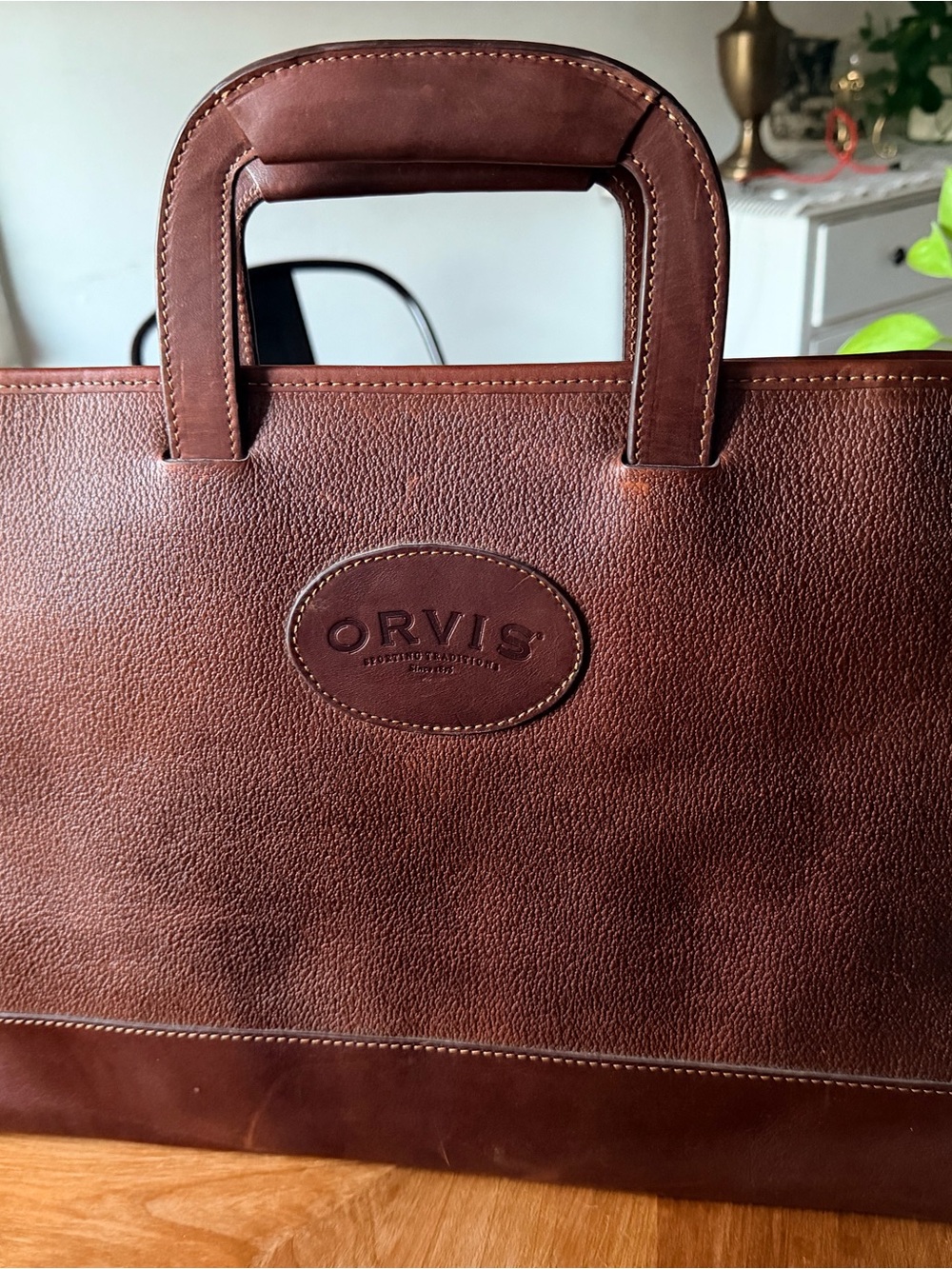 Orvis Rich Chestnut Brown Leather Briefcase with Stitched Oval Logo